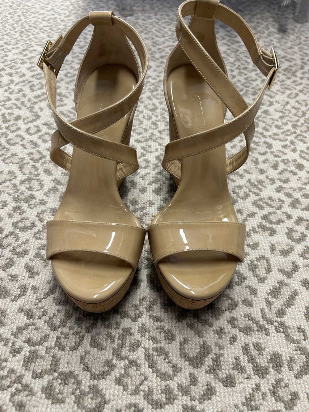 Jimmy Choo Nude Patent Strappy Platform wedge Sandals sz 37.5